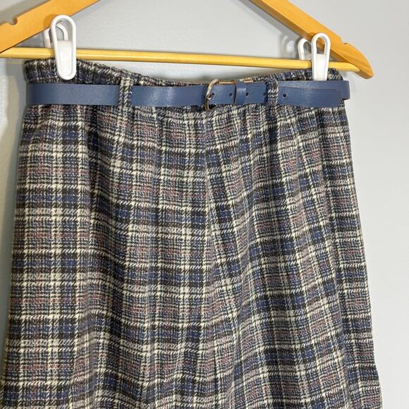 Vtg Plaid Skirt Blue Gray Check Knee-Length 80s Academia with Belt | Soft Summer - Picture 3 of 8